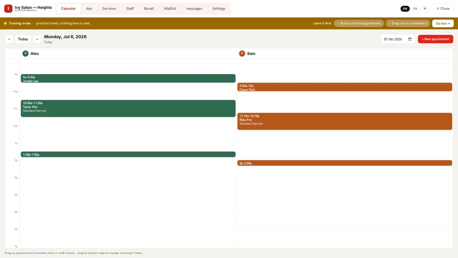 Appointments console: multi-staff drag-and-drop calendar
