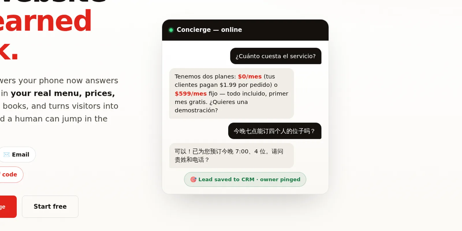 KwickConcierge web chat answering in Spanish and Chinese