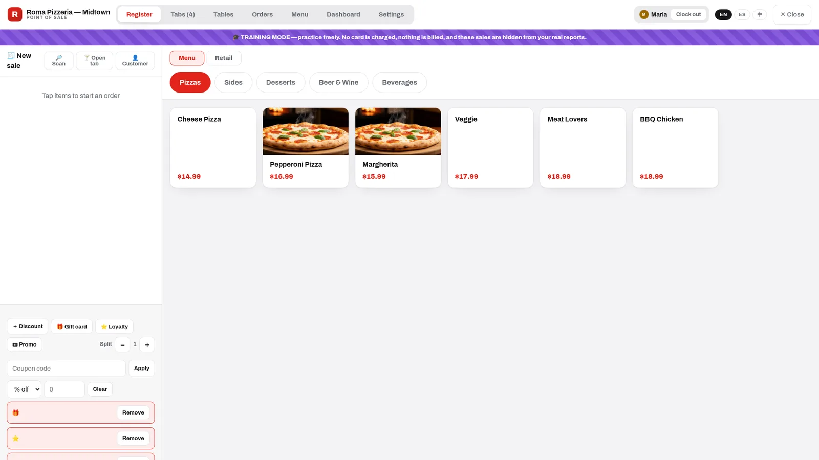 POS register with photo tiles and training-mode banner