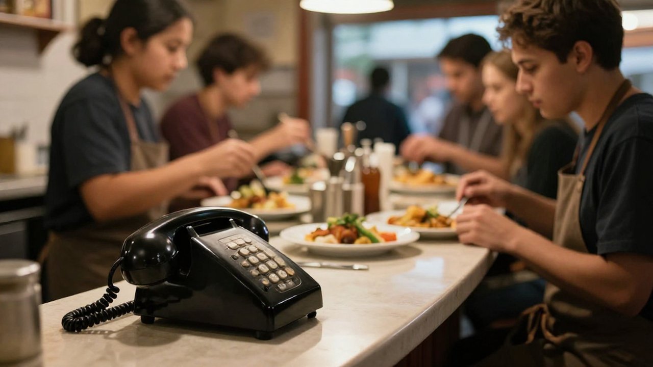 A busy local shop counter at dinner rush — the phone ringing while the online store sits quiet