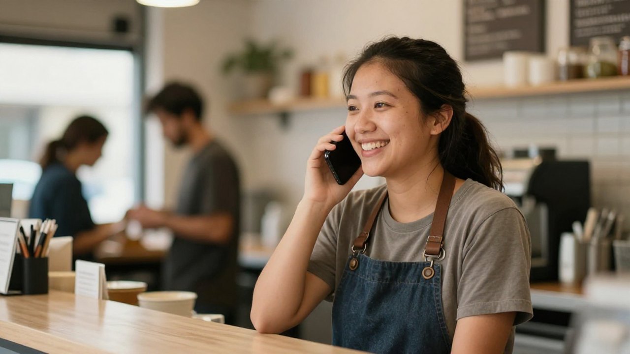 Every call answered — KwickPhone in a real restaurant A restaurant owner smiling while KwickPhone answers the phone at the counter