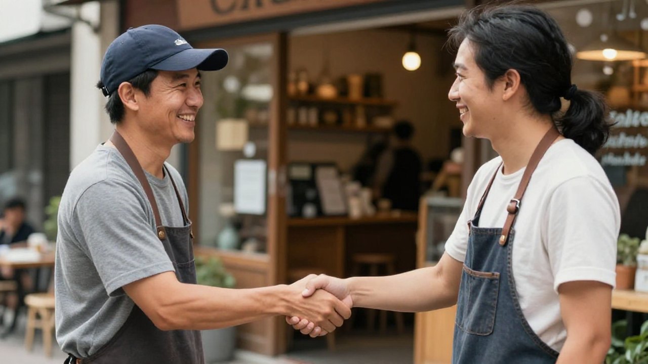 Two local business owners shaking hands — a word-of-mouth KwickPhone referral