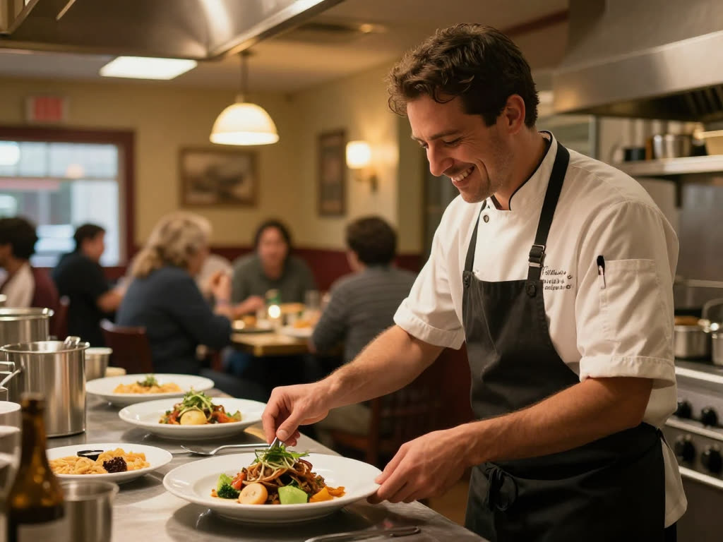 A restaurant owner-chef plating a dish while the dining room stays full — KwickPhone answers the phone