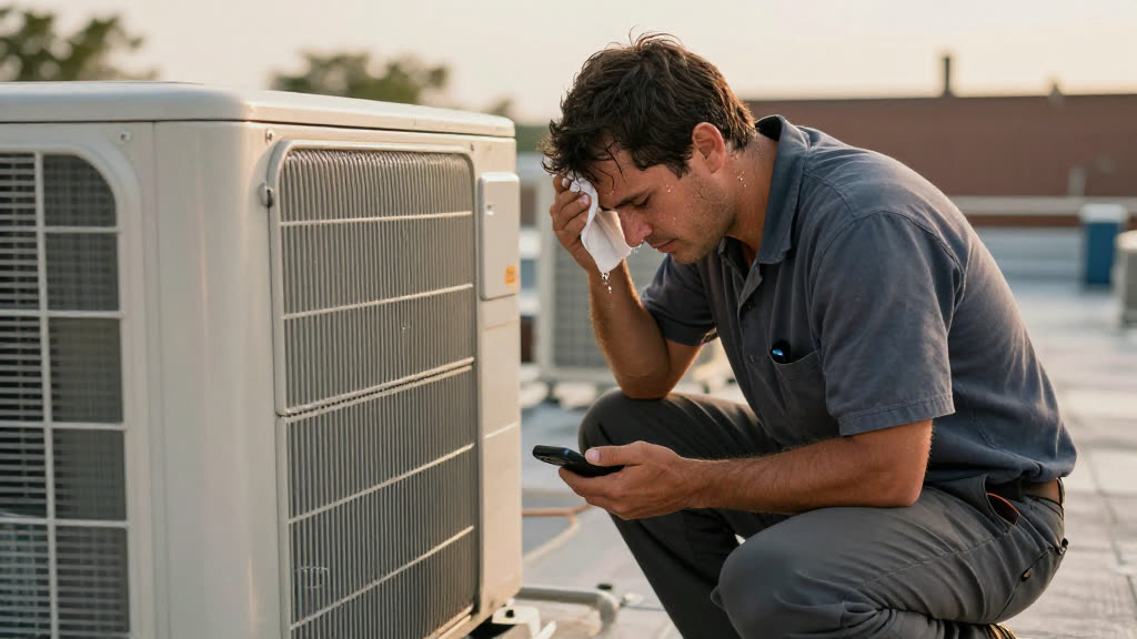 A HVAC Technician at work while the phone rings — KwickPhone answers it