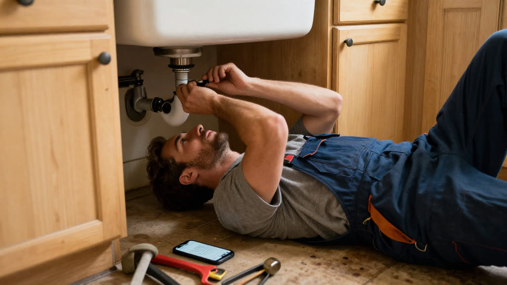A Plumber at work while the phone rings — KwickPhone answers it